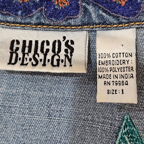 Chicos Design Embroidered Denim Jacket Size Medium 1 Boho Floral Artsy Blue - Picture 8 of 11